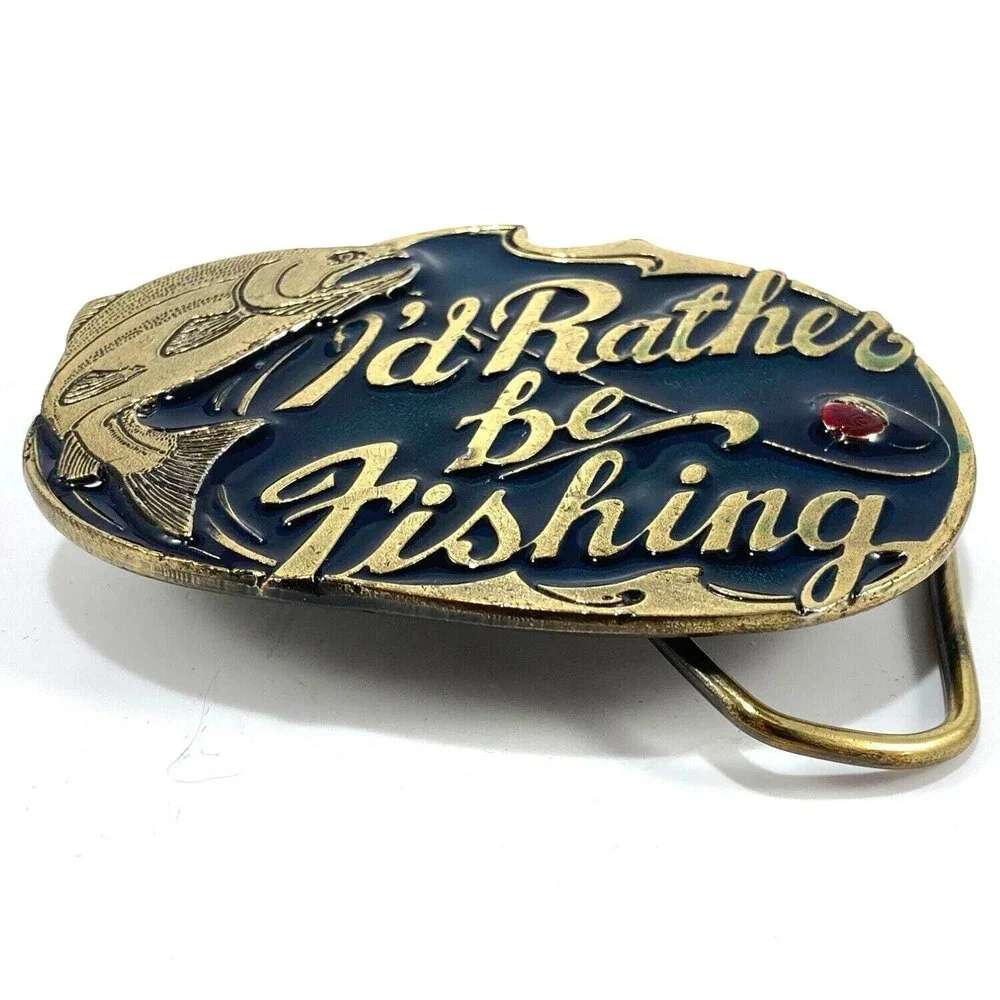 Vintage Belt Buckle Solid Brass 1985 I'd Rather‎ Be Fishing Bass Fish USA Made